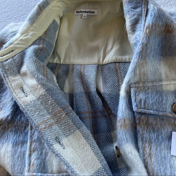 Reformation Ainslie Wool-Blend Long Jacket in Light Blue Plaid Large MSRP $268 - Picture 10 of 14